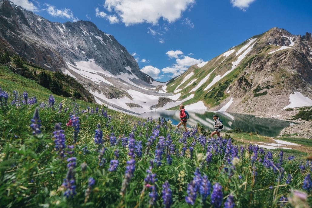 A scenic mountain hike featuring wildflowers, with a hiker dressed in premium Aspen Style hiking gear.