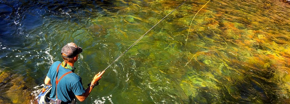 A man skillfully fly fishing in a serene river, exemplifying the art of Aspen Fly Fishing.