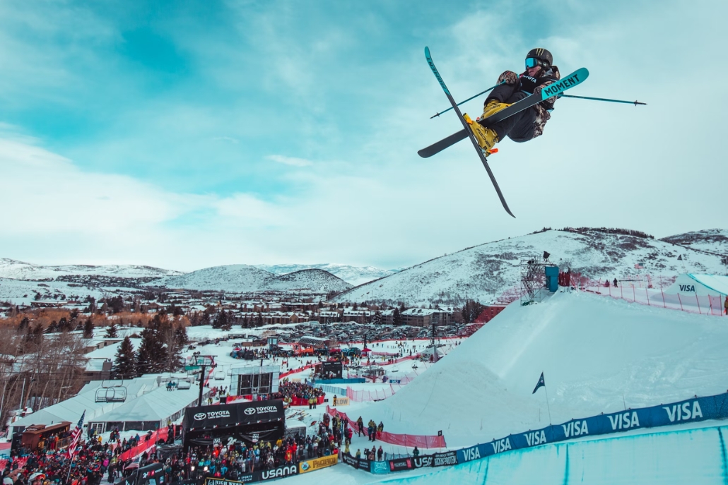 A skier performs a jump in mid-air during the World Cup Skiing event in Aspen.