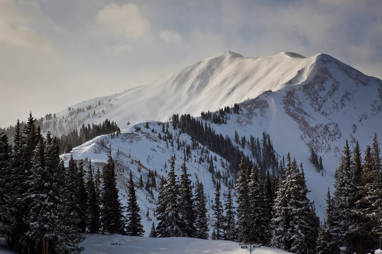 A snowy mountain at Aspen Highlands, adorned with trees and a fresh layer of snow, showcasing a perfect powder day.