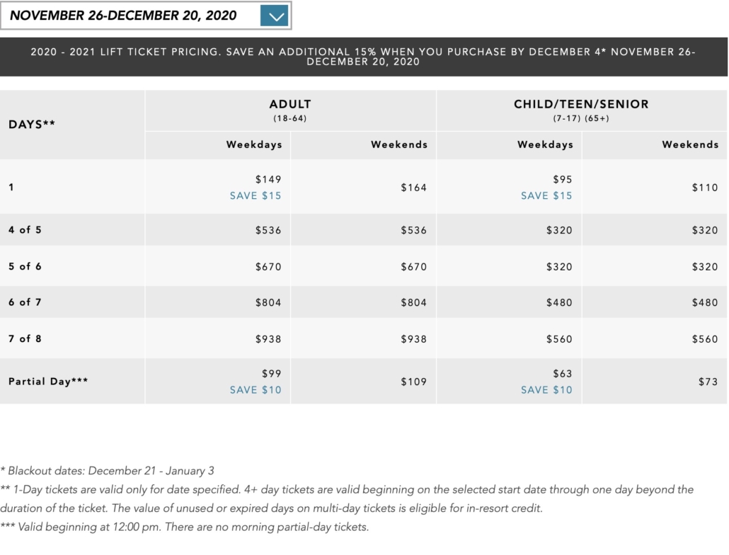 Price table detailing costs for the November and December, featuring various ticket options and packages for different ages.