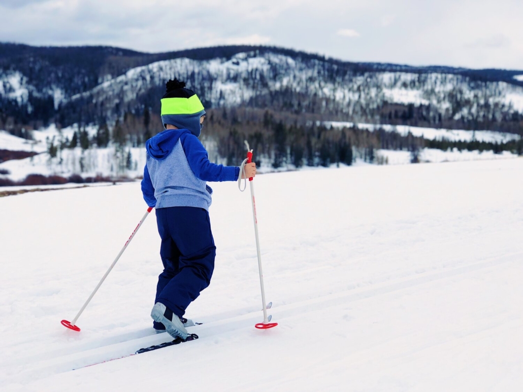 A young skier navigates a snow-covered slope, highlighting the joy of skiing in a winter landscape.