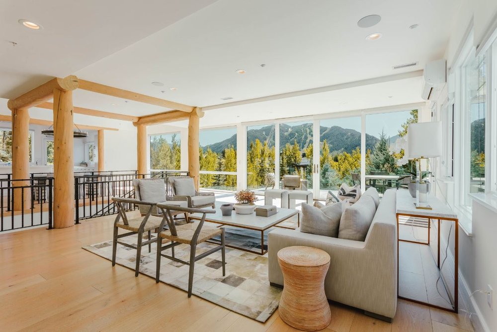 A cozy living room featuring a stunning view of the mountains, perfect for Celebrities in Aspen.