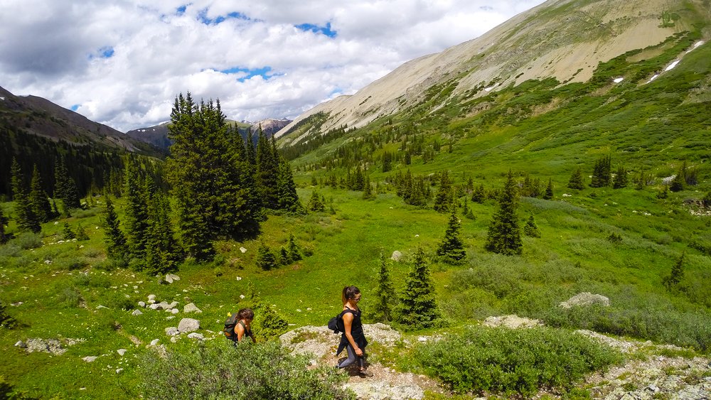 Two hikers navigate a mountain trail surrounded by lush green trees, showcasing things to do in Aspen in the summer.