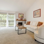 Warm living room scene showcasing a comfortable couch and fireplace in the charming Condo at Ranch at Roaring Fork Aspen