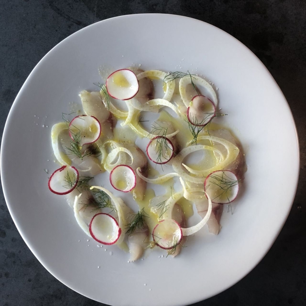 A white plate filled with fresh radishes and sliced onions, showcasing vibrant colors and textures.