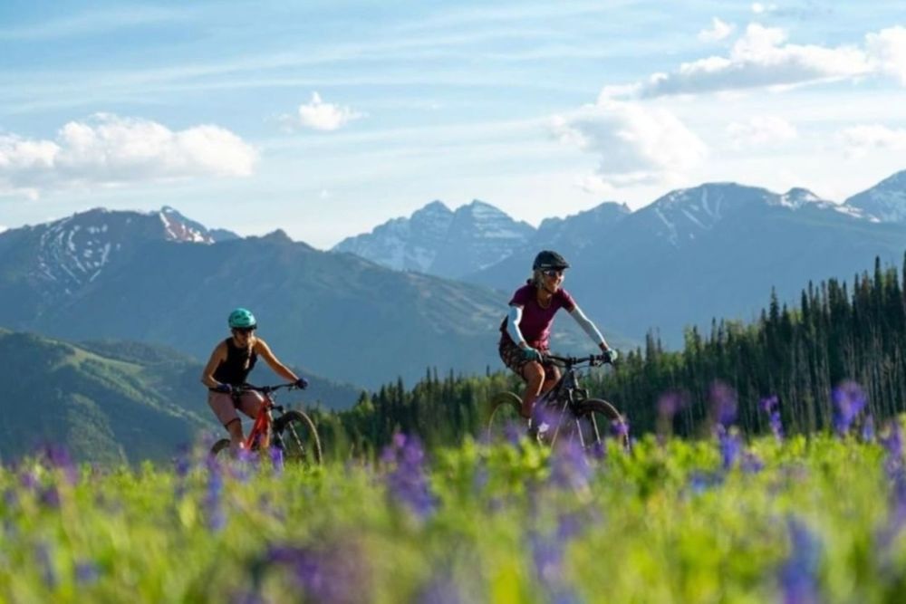 Two individuals enjoy biking in a lush field, surrounded by stunning mountain scenery.