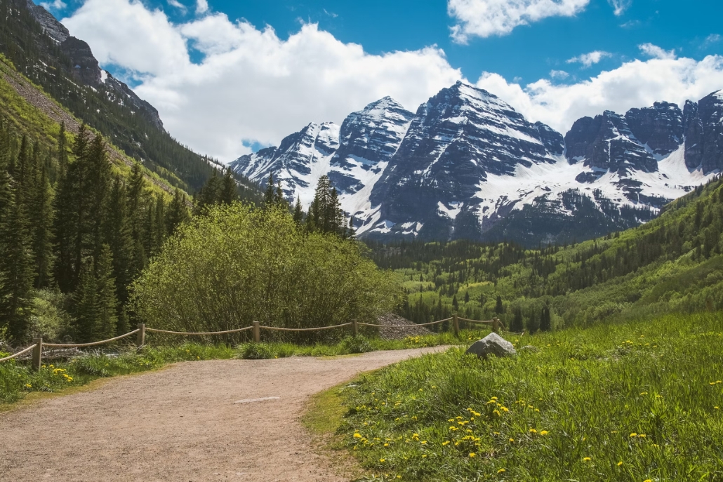 A dirt path surrounded by trees and grass leads to a distant mountain range, marked as Buckskin Pass Aspen Trails.