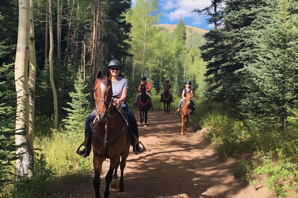 Group of riders on horseback on a forest trail in Aspen in July, with dense trees and a trail leading into the woods