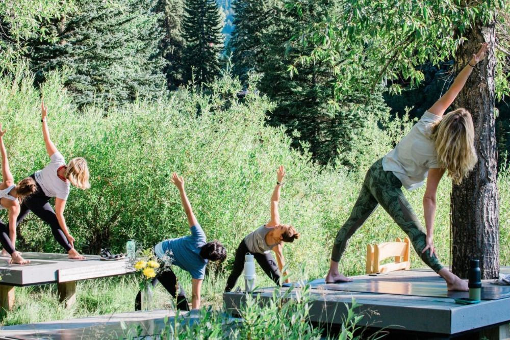 A group of people practicing yoga outdoors in the mountains, enjoying the fresh air and stunning scenery.