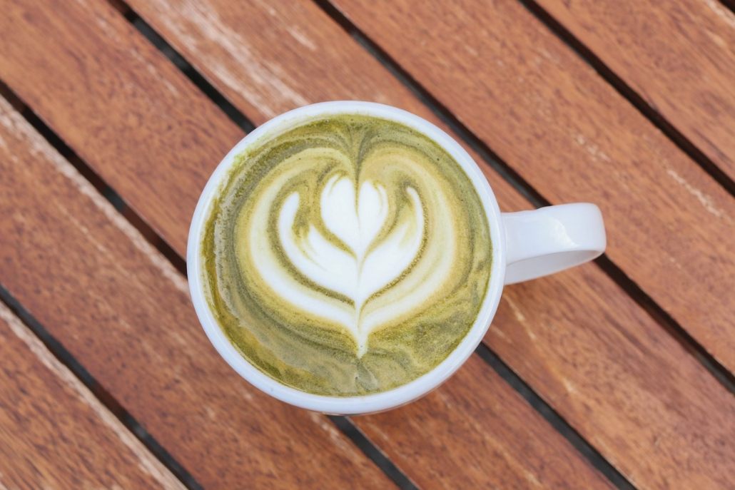 A heart-shaped design on a cup of Matcha latte from Felix Coffee Roasting Co, located in Aspen.