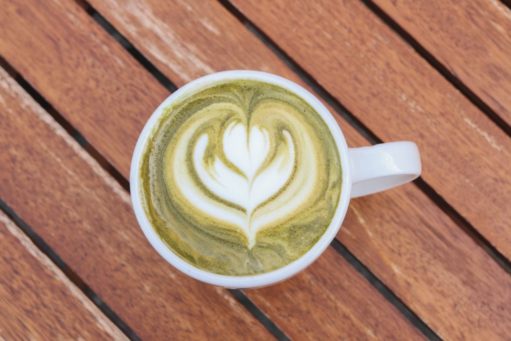 A heart-shaped design on a cup of Matcha latte from Felix Coffee Roasting Co, located in Aspen.