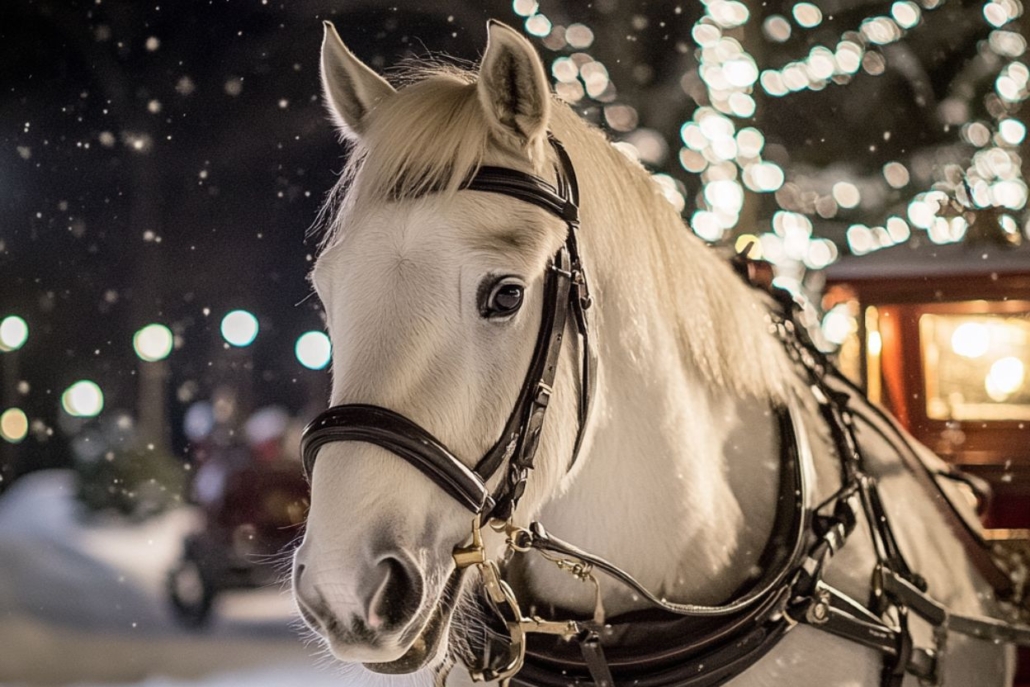 A white horse pulls a sleigh through the snowy landscape of Aspen, creating a picturesque winter scene.