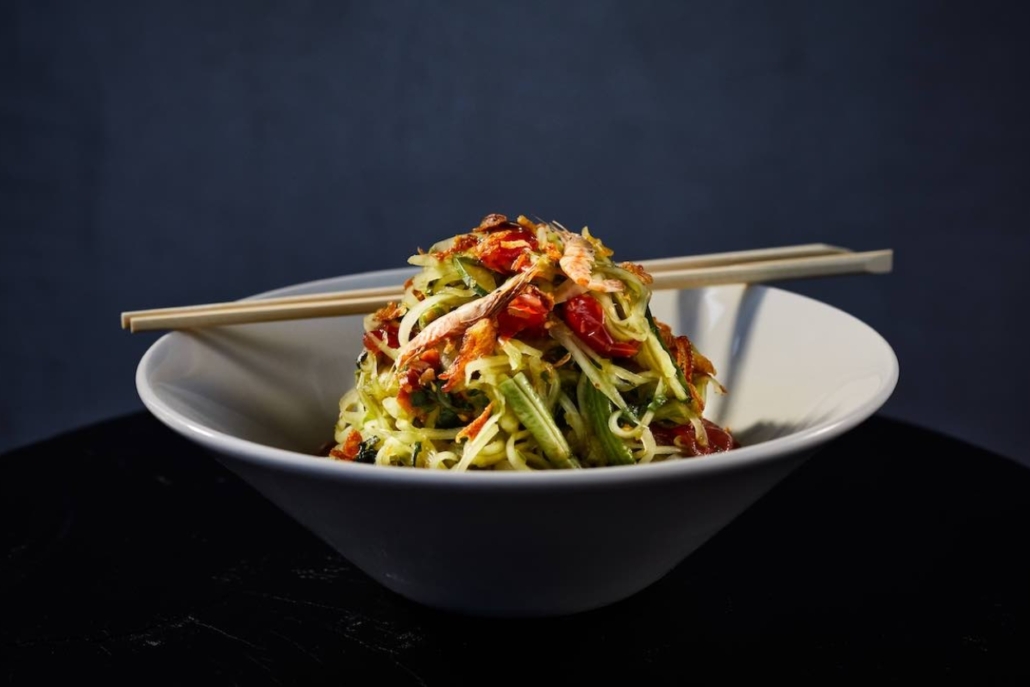 A colorful delicious salad bowl, illustrating the culinary offerings of Sway Thai Aspen in December.