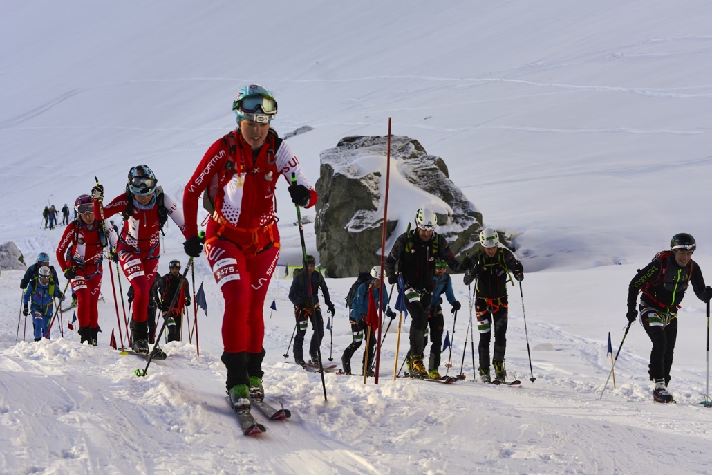 Participants ski down a snowy slope at the Audi Power of Four Ski Mountaineering Race in Aspen, February.