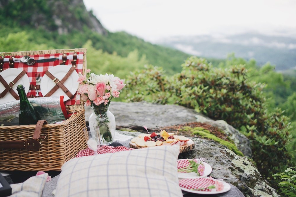 A luxurious picnic set up in the mountains of Aspen, surrounded by lush greenery and clear blue skies in June.