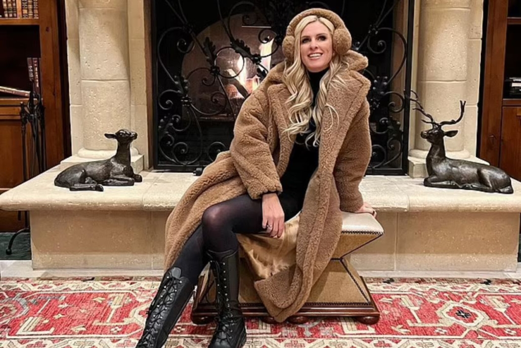 A chic Nicky Hilton relaxes in a chair, dressed in a cozy teddy bear coat, showcasing her fashionable style in Aspen.