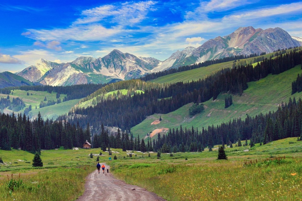 Hikers on a trail surrounded by lush meadows and mountains, showcasing the scenic beauty of Aspen's altitude