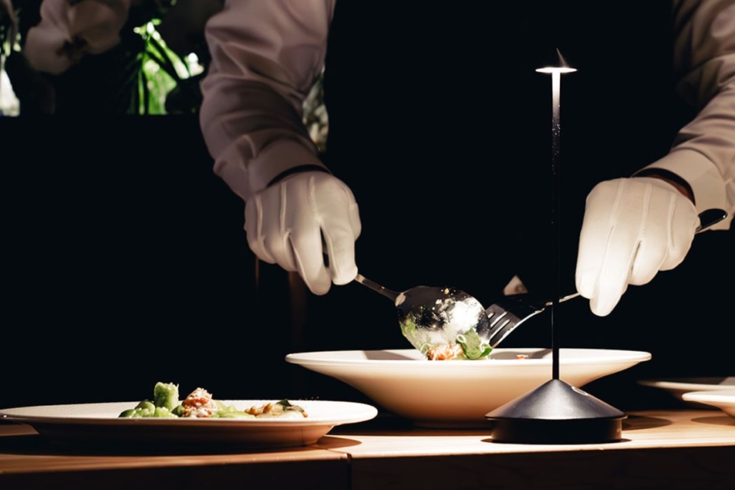 Private chef in white gloves plating a gourmet dish under soft lighting during a fine dining experience.