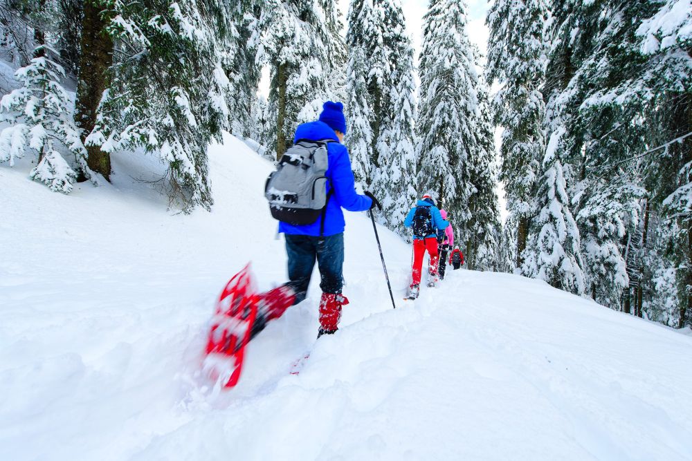 Family snowshoeing in Aspen Colorado on a winter trail during an active family vacation in snowy forest scenery