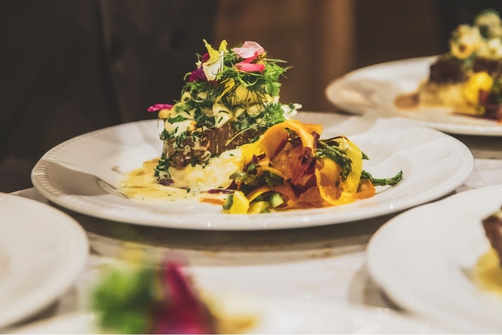 Gourmet fine dining dish at an Aspen restaurant with elegant luxury presentation